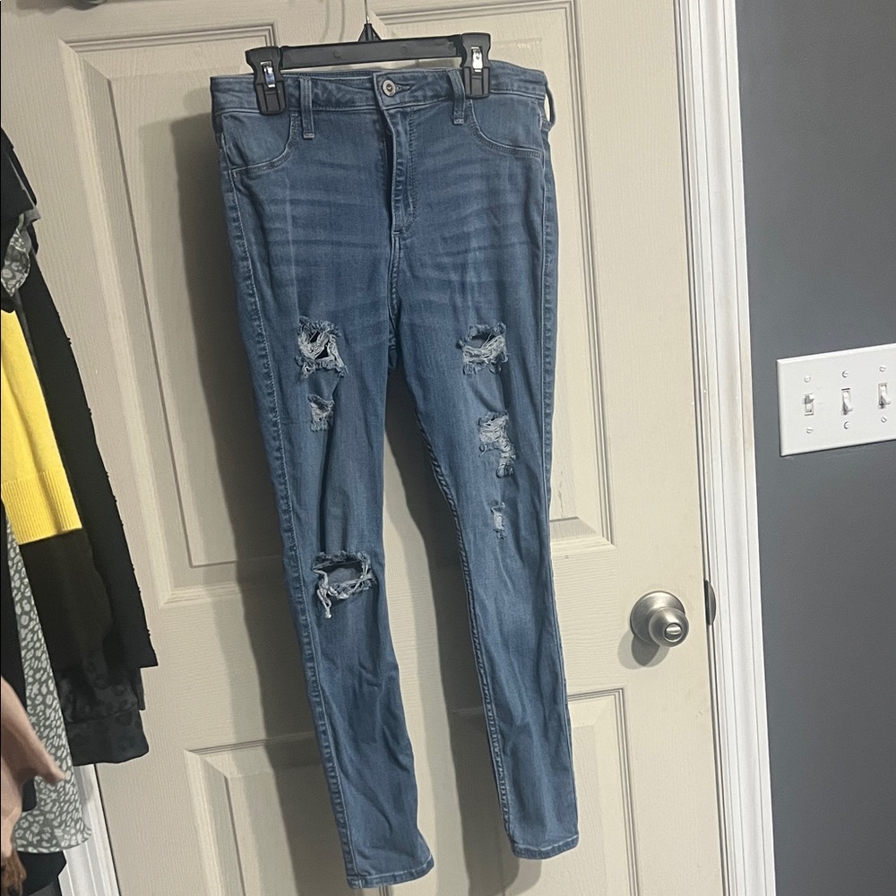 Hollister Women's Distressed Skinny Jeans in Blue